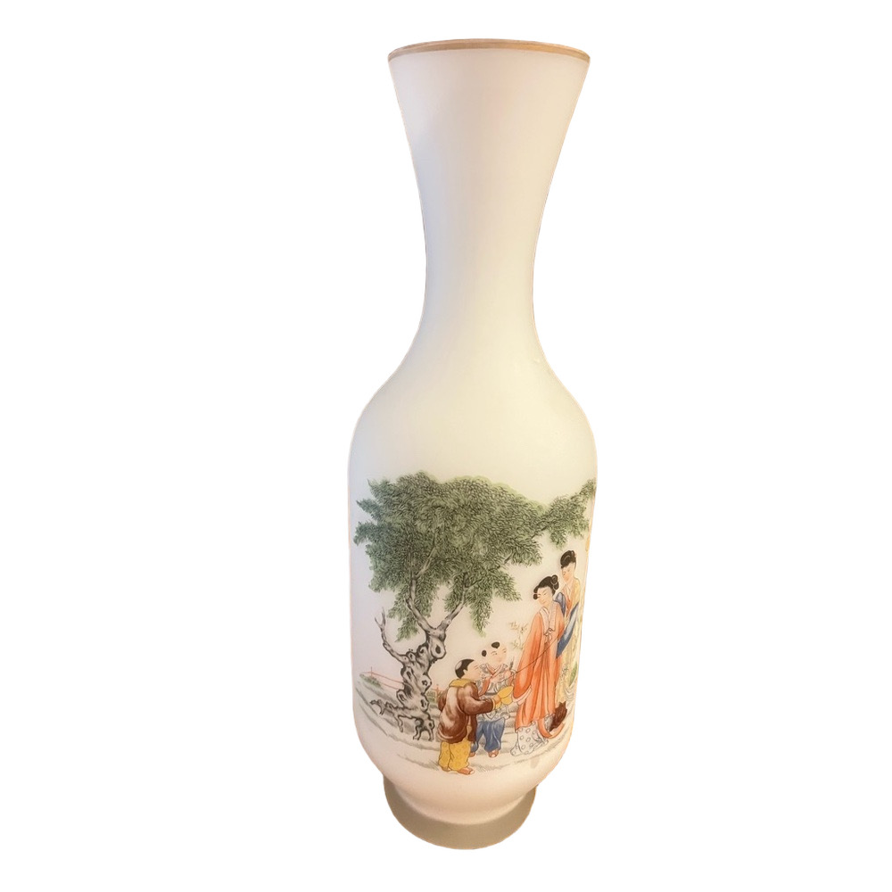 Vintage 1960s Norleans Italy White Satin Glass Asian Motif Vase